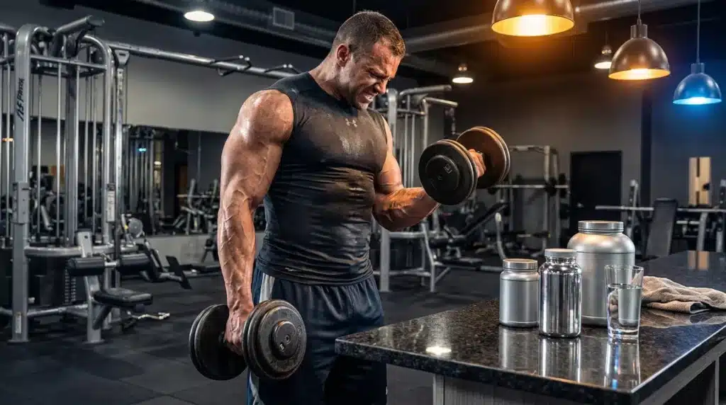 Homme musclé levant des haltères en salle de sport