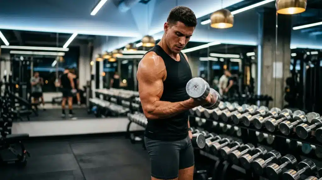 Homme musclé soulevant haltère dans une salle de fitness moderne