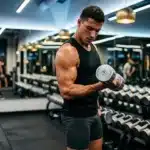 Homme musclé soulevant haltère dans une salle de fitness moderne