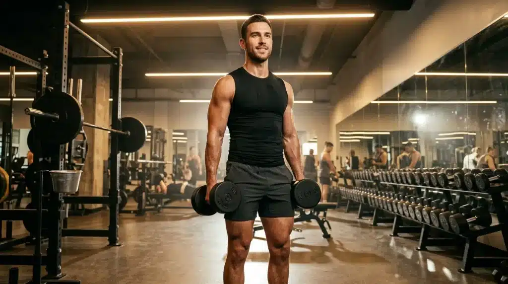 Homme musclé tenant des haltères dans une salle de fitness moderne