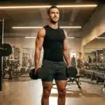 Homme musclé tenant des haltères dans une salle de fitness moderne
