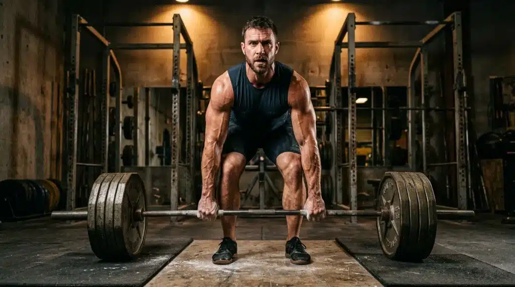 Homme musclé soulevant une barre lourde en salle de sport