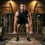 Homme musclé soulevant une barre lourde en salle de sport
