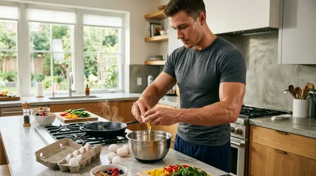 Homme en cuisine préparant des œufs et légumes frais