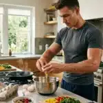 Homme en cuisine préparant des œufs et légumes frais