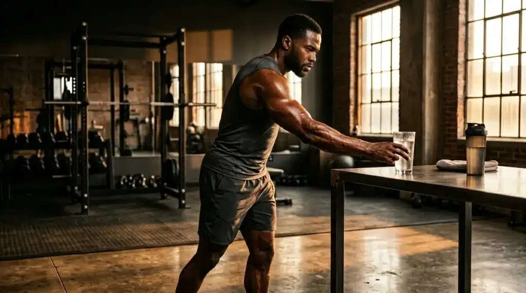 Athlète musclé boit de l'eau dans une salle de sport