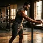 Athlète musclé boit de l'eau dans une salle de sport