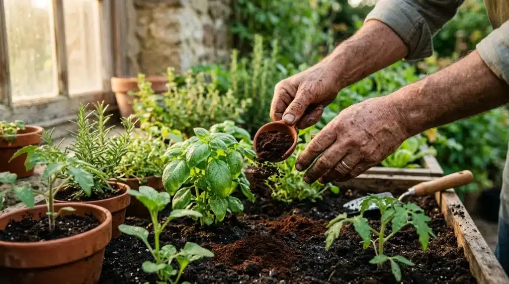 Mains versant du terreau sur des plants d'herbes aromatiques