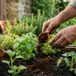 Mains versant du terreau sur des plants d'herbes aromatiques