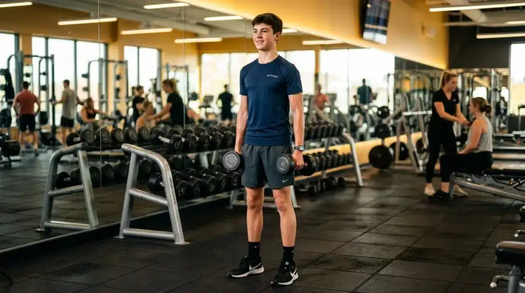 Adolescent tenant des haltères dans une salle de gym