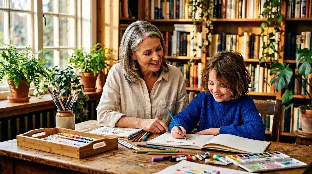 Une femme et une enfant dessinent ensemble à une table