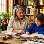 Une femme et une enfant dessinent ensemble à une table