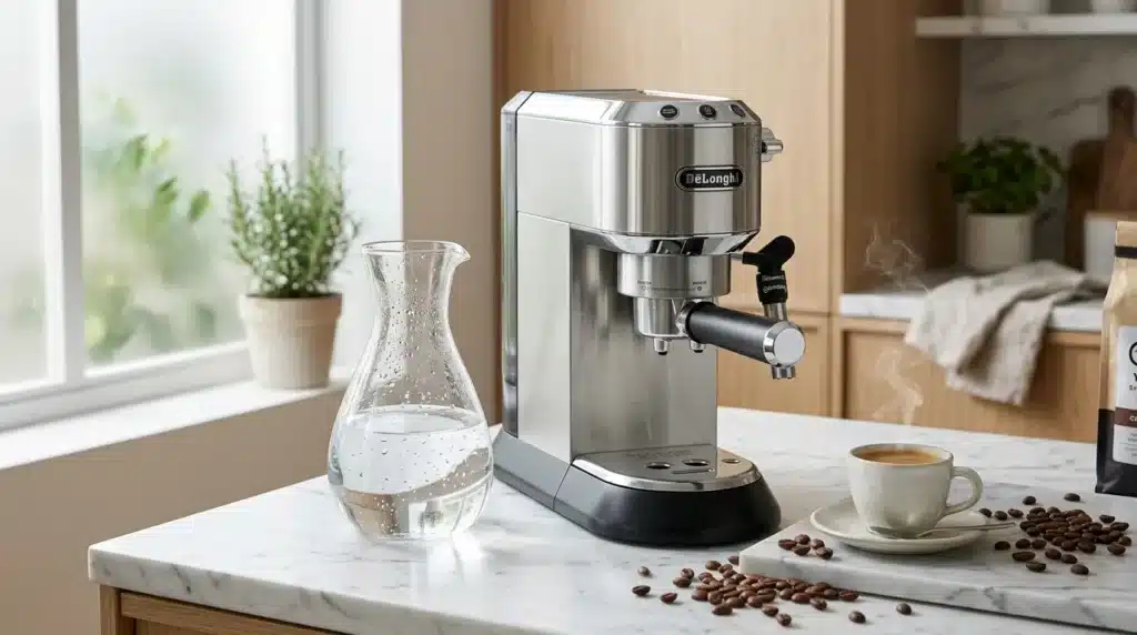 Machine espresso DeLonghi acier inoxydable avec café et eau