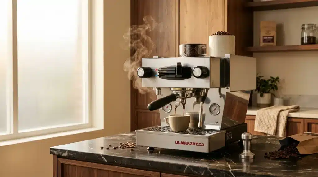 Machine à espresso professionnelle avec tasses et grains de café