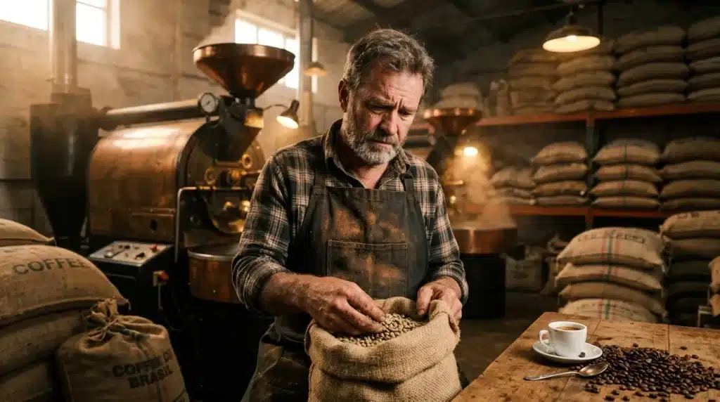 Homme inspectant grains café torréfiés usine artisanale