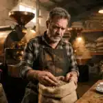 Homme inspectant grains café torréfiés usine artisanale