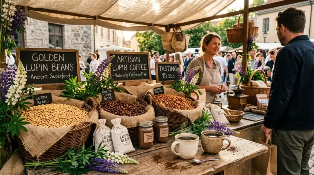 Stand de marché vendant grains lupin et café artisanal biologiques