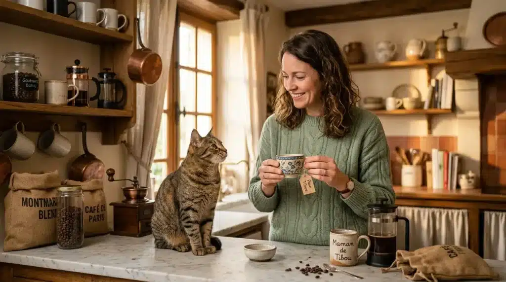 Femme dégustant son café près d'un chat en cuisine rustique