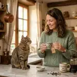 Femme dégustant son café près d'un chat en cuisine rustique