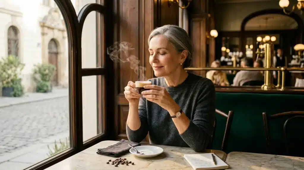 Femme dégustant un café dans un élégant café parisien