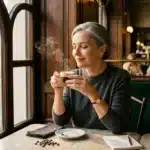 Femme dégustant un café dans un élégant café parisien