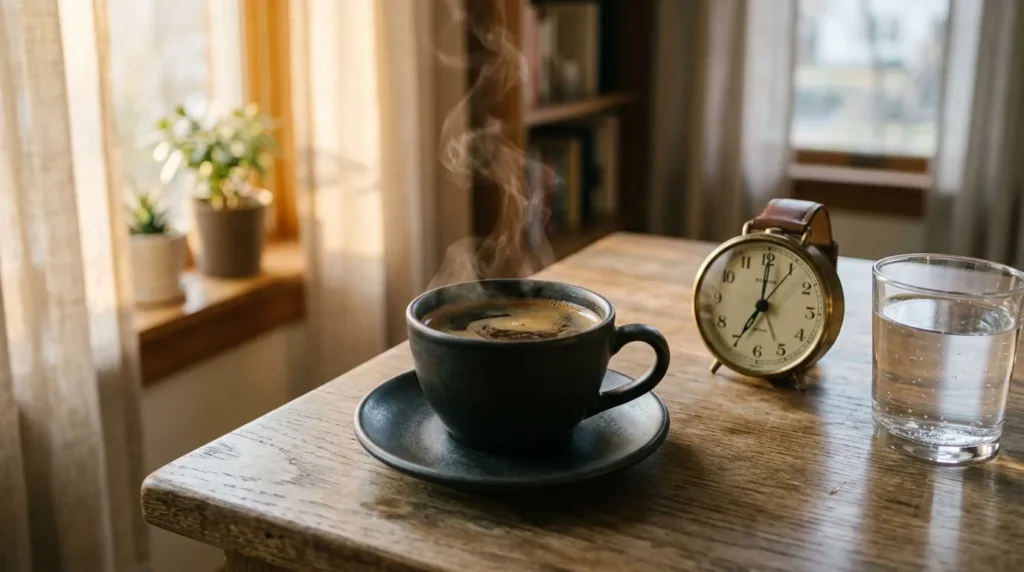 Tasse de café fumant sur table bois avec horloge et verre d'eau
