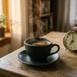 Tasse de café fumant sur table bois avec horloge et verre d'eau