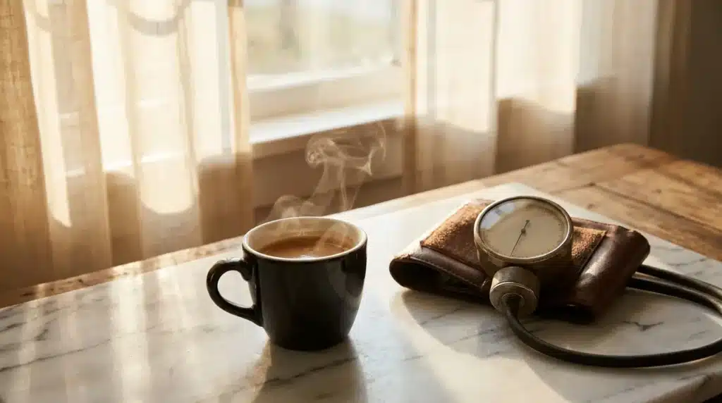 Café fumant et montre vintage sur table marbre lumineuse
