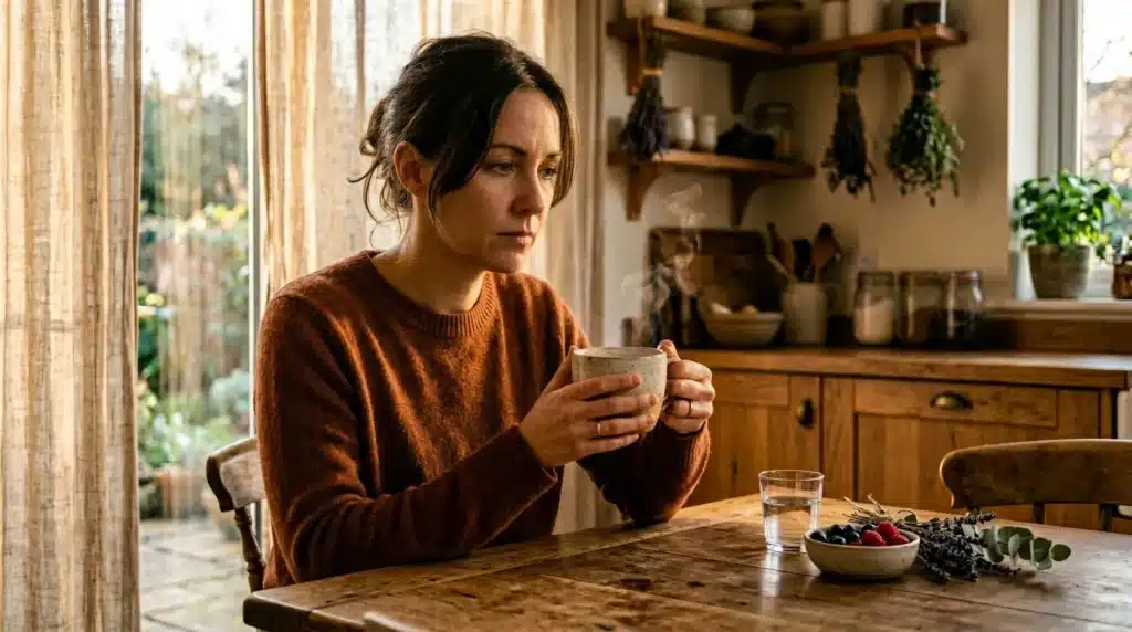 Femme tenant une tasse, assise à table près d'une fenêtre.