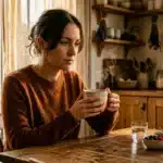 Femme tenant une tasse, assise à table près d'une fenêtre.