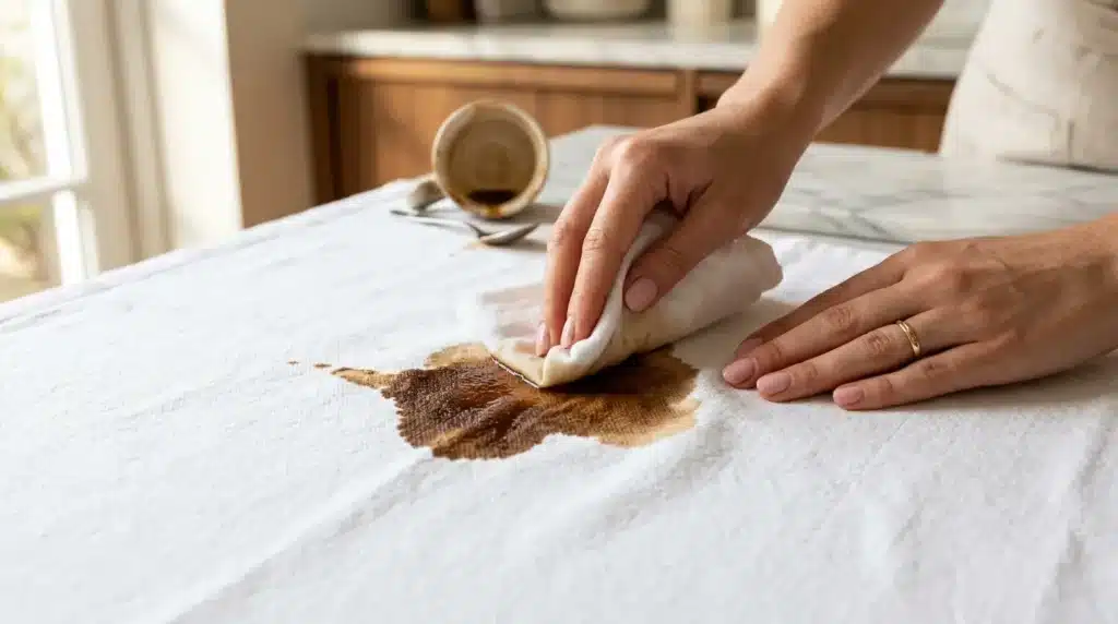 Personne nettoyant une tache de café sur tissu blanc