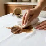 Personne nettoyant une tache de café sur tissu blanc