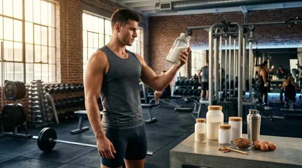 Homme musclé tenant un verre de lait en salle de sport