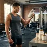 Homme musclé tenant un verre de lait en salle de sport