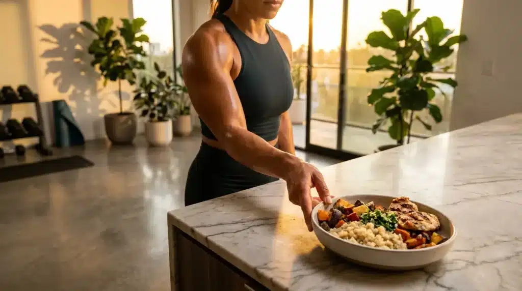 Femme athlétique admirant son repas équilibré nutritif