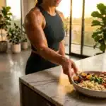 Femme athlétique admirant son repas équilibré nutritif