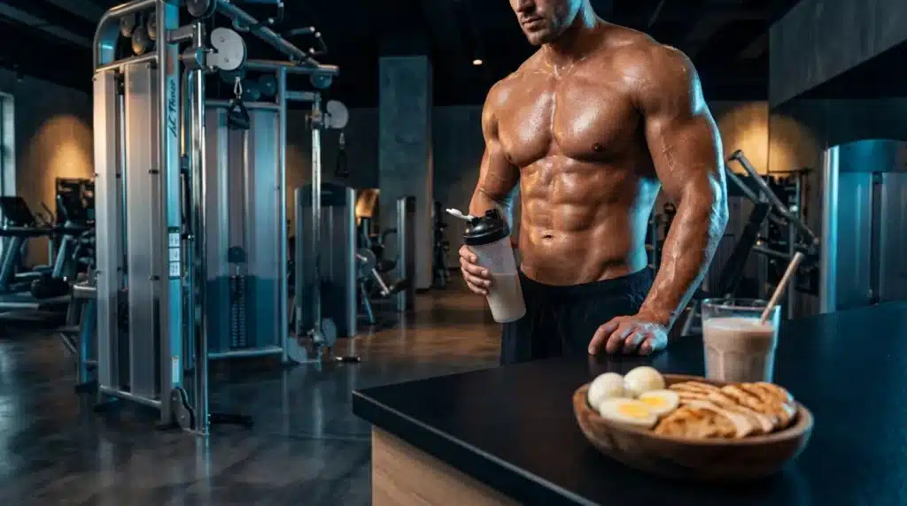 Athlète musclé avec shaker et aliments protéinés au gym