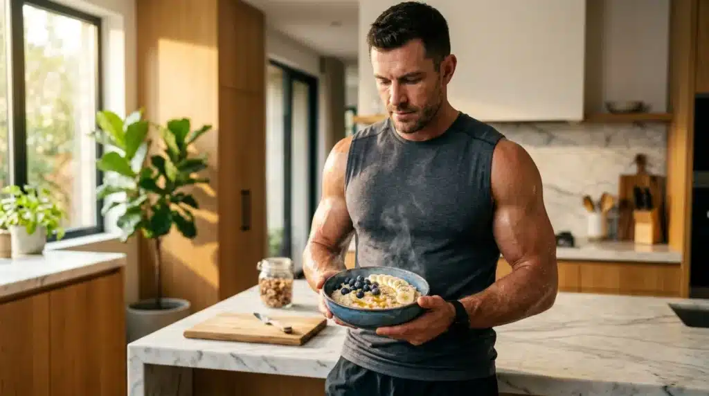 Homme musclé tenant un bol de céréales aux fruits frais