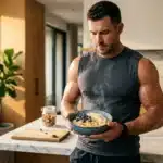 Homme musclé tenant un bol de céréales aux fruits frais