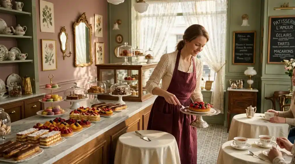Femme en tablier bordeaux présentant pâtisseries dans boutique parisienne chic
