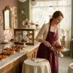 Femme en tablier bordeaux présentant pâtisseries dans boutique parisienne chic