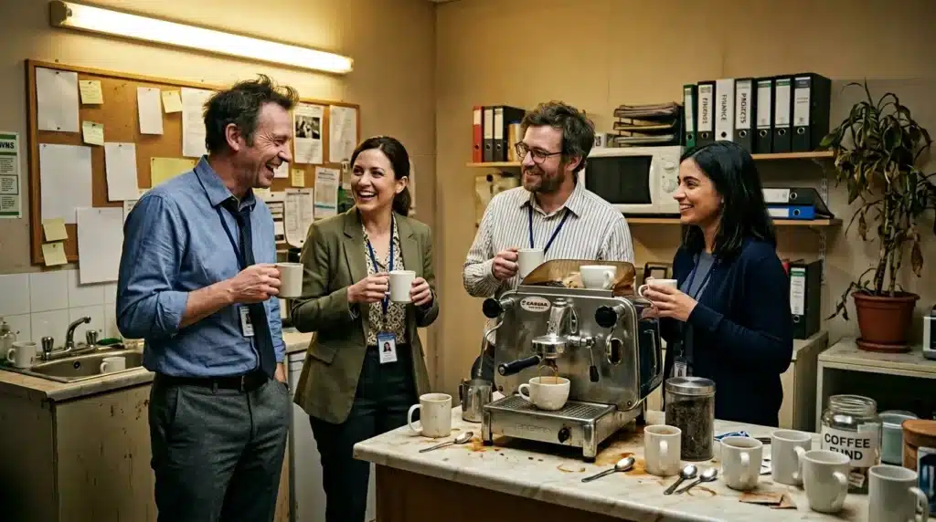 Quatre collègues souriant autour d'une machine à café professionnelle