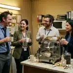 Quatre collègues souriant autour d'une machine à café professionnelle
