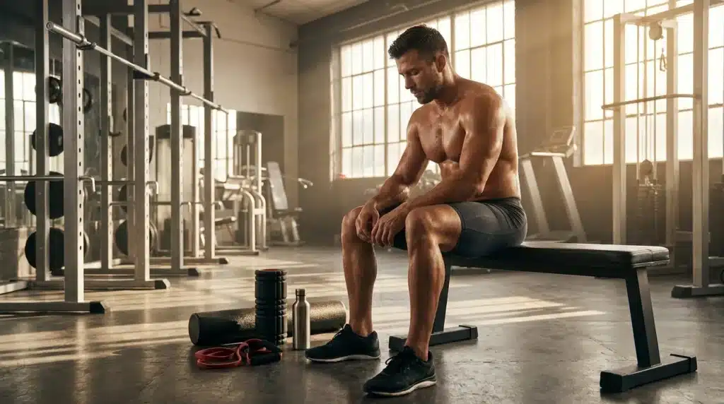 Homme musclé assis sur banc de musculation en salle sport