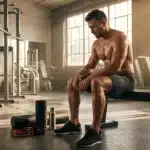 Homme musclé assis sur banc de musculation en salle sport