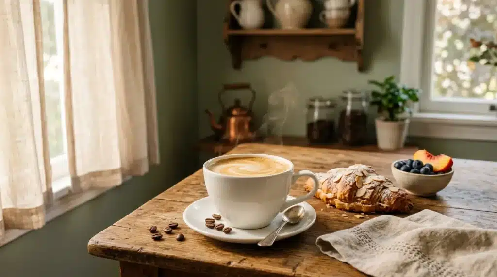 Café latte avec croissant, fruits et fenêtre ensoleillée