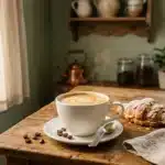 Café latte avec croissant, fruits et fenêtre ensoleillée