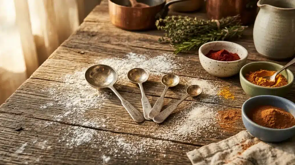 Cuillères à mesurer et épices colorées sur table rustique