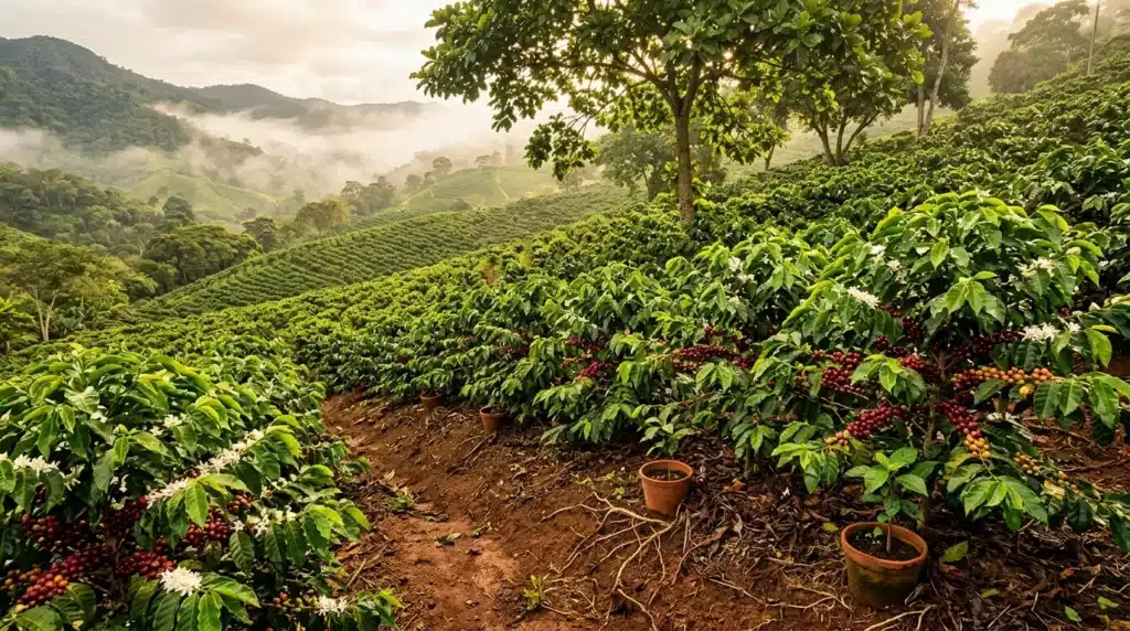 Plantation de café avec arbres, montagnes brumeux en arrière-plan