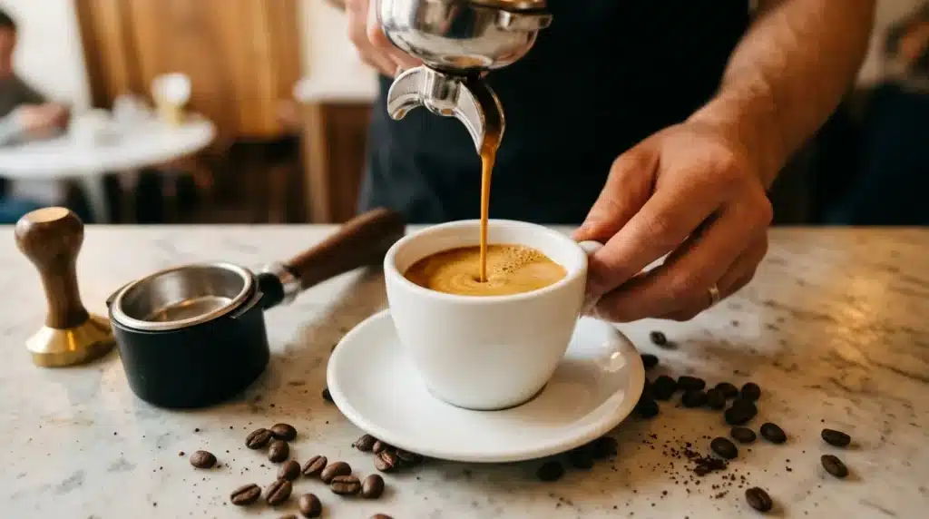 Barista versant du café dans une tasse blanche